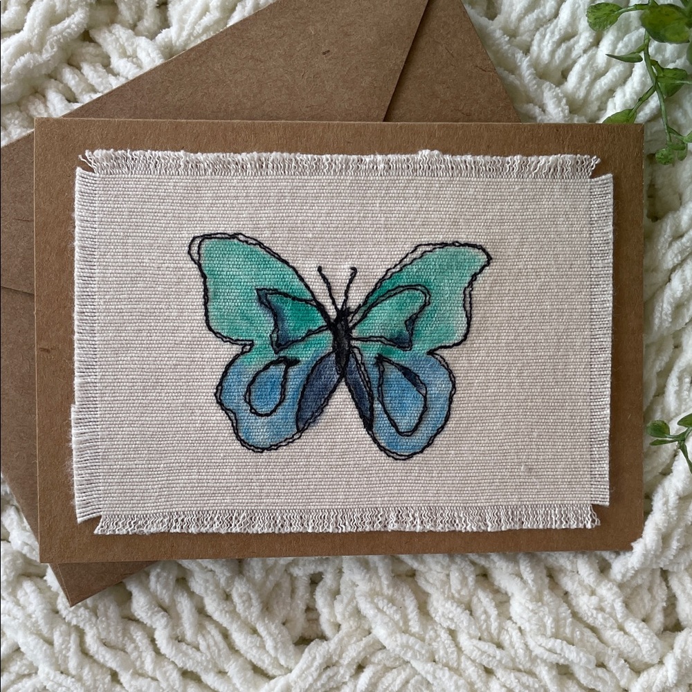 Handcrafted Blue and Green Butterfly Fabric Art Greeting Card